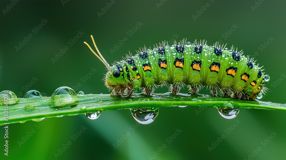Naklejka premium A bright green caterpillar making its journey along the curved edge of a slender grass blade, with glistening dew droplets enhancing the vibrant scene.