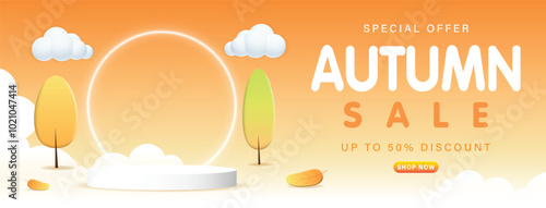 Autumn sale podium with falling leaves and autumn trees. Fall sale advertising banner. Thanksgiving or seasonal marketing materials. Vector illustration. 3D design.
