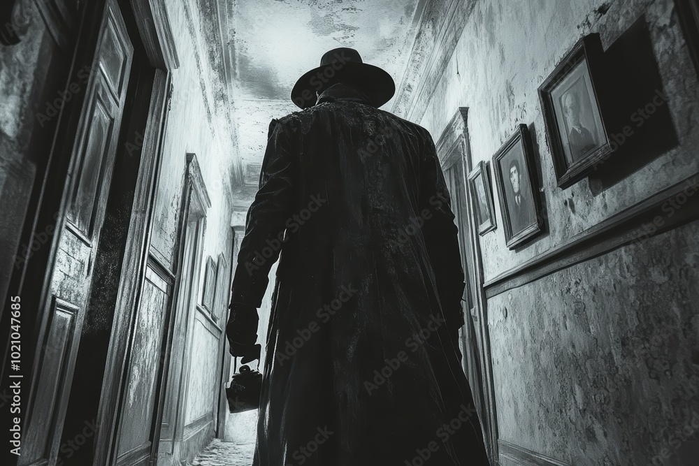 Naklejka premium Vintage Horror Aesthetic: Ominous Shadowy Figure in Tattered Coat and Wide-Brimmed Hat Standing in the Grand Hallway of a Decaying Mansion (Black and White)