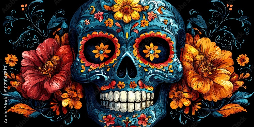 A vibrant Mexican sugar skull tattoo design with bold colors and intricate floral patterns, celebrating the Day of the Dead on a black background. A vibrant Mexican sugar skull tattoo design with bold colors and intricate floral patterns, celebrating the Day of the Dead on a black background.