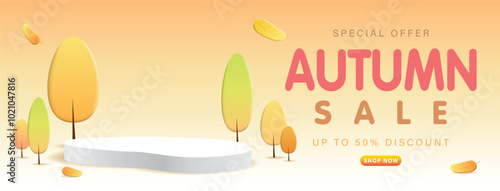 Autumn sale podium with falling leaves and autumn trees. Fall sale advertising banner. Thanksgiving or seasonal marketing materials. Vector illustration. 3D design.