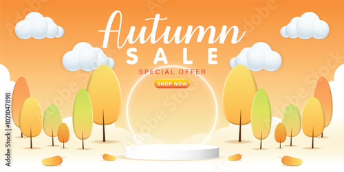 Autumn sale podium with falling leaves and autumn trees. Fall sale advertising banner. Thanksgiving or seasonal marketing materials. Vector illustration. 3D design.