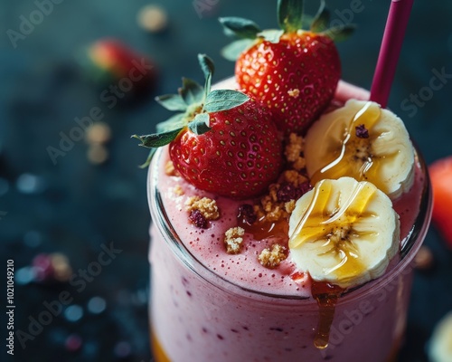 Delicious strawberry smoothie topped with fresh fruits and granola, perfect for a refreshing treat.