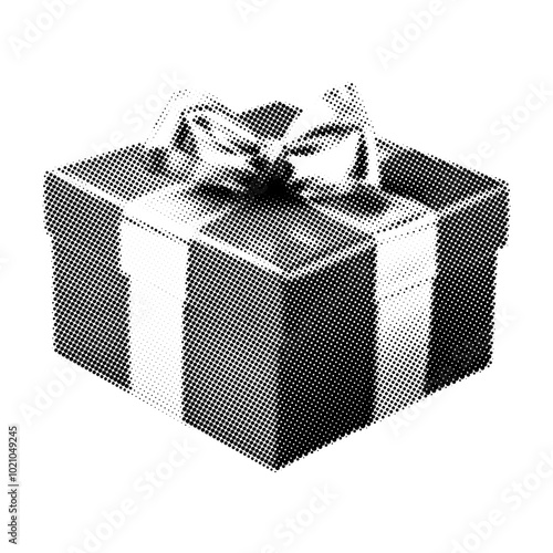 Vector holiday gift box with bow. Trendy retro element with a halftone effect for collage, poster, banner, cover design.