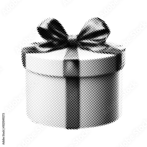 Vector holiday gift box with bow. Trendy retro element with a halftone effect for collage, poster, banner, cover design.