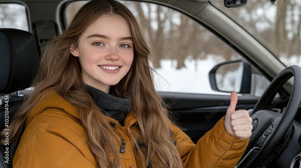 A smiling woman in a winter outfit shows her enthusiasm with a thumbs up from the car as snow blankets the trees and road, creating a serene winter atmosphere A smiling woman in a winter outfit shows her enthusiasm with a thumbs up from the car as snow blankets the trees and road, creating a serene winter atmosphere