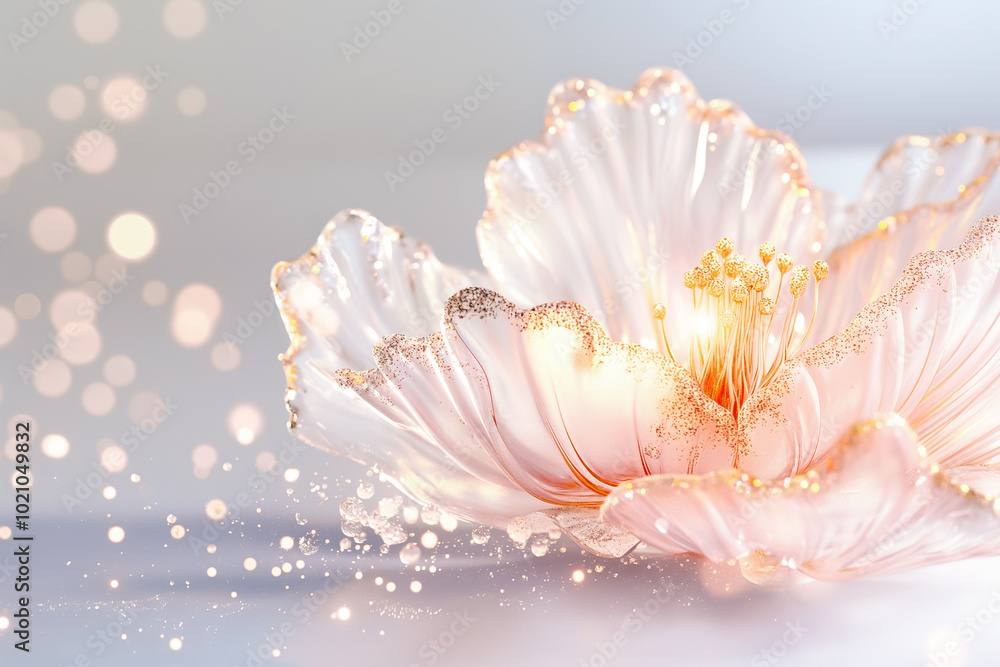 This stunning floral creation radiates soft light and intricate detail, showcasing petals adorned with shimmering accents. Its presence evokes a sense of serenity and elegance This stunning floral creation radiates soft light and intricate detail, showcasing petals adorned with shimmering accents. Its presence evokes a sense of serenity and elegance