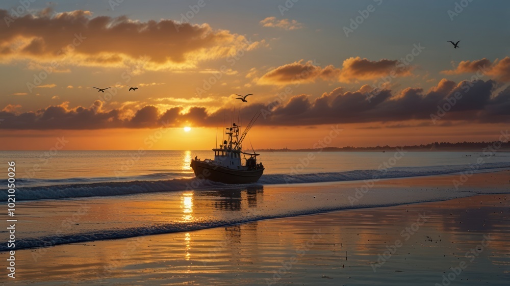 Obraz premium A silhouette of a fishing boat on the horizon at sunrise. The orange and pink colors of the sunrise cast a warm glow over the water. A flock of birds flies overhead.