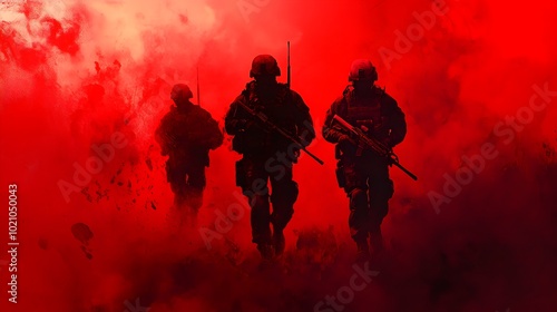 Stealthy Soldiers Advancing in Shrouded Battlefield with Fiery Red Backdrop