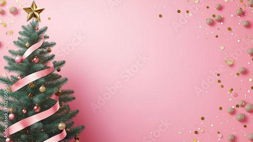 A festive pink Christmas background with a decorated Christmas tree with copy space.