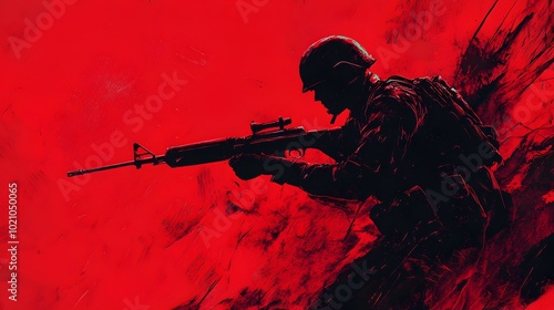 Silhouetted Soldier in Combat with Rifle Wielding Amidst Red Explosion Background