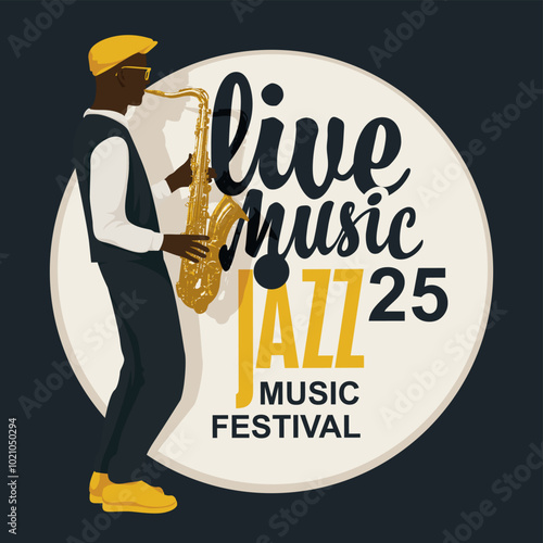 vector poster or cover CD or vinyl disk for jazz live music festival with drawing of saxophonist with saxophone in retro style. Music banner, flyer, invitation and ticket