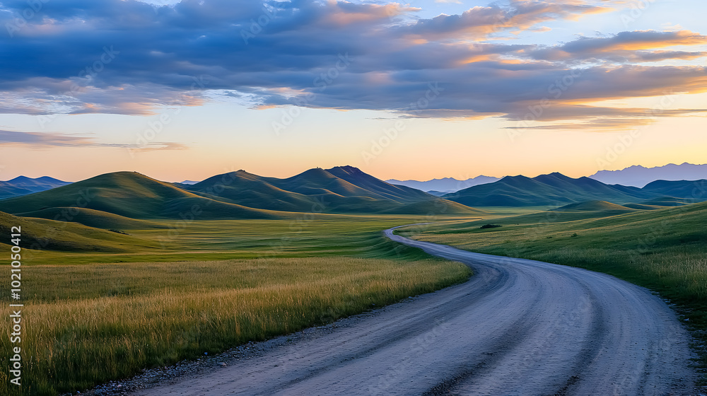 A road going through a wilderness area at dusk in Inner Mongolia province, China. A road going through a wilderness area at dusk in Inner Mongolia province, China.