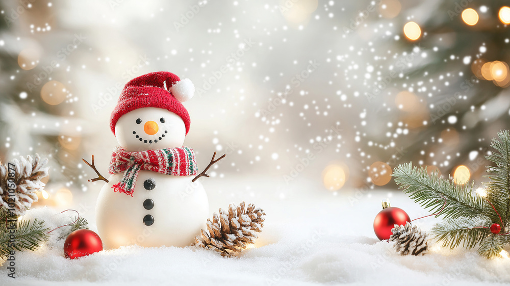 Snowman in hat and scarf on a winter background with pine branches and Christmas sphere with copy space. Snowman in hat and scarf on a winter background with pine branches and Christmas sphere with copy space.