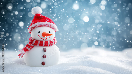 Snowman background, Christmas decorations, background on snow with copy space.