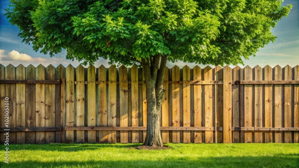 Fototapeta premium A leafy tree grows through a wooden fence in a yard with lush green grass.