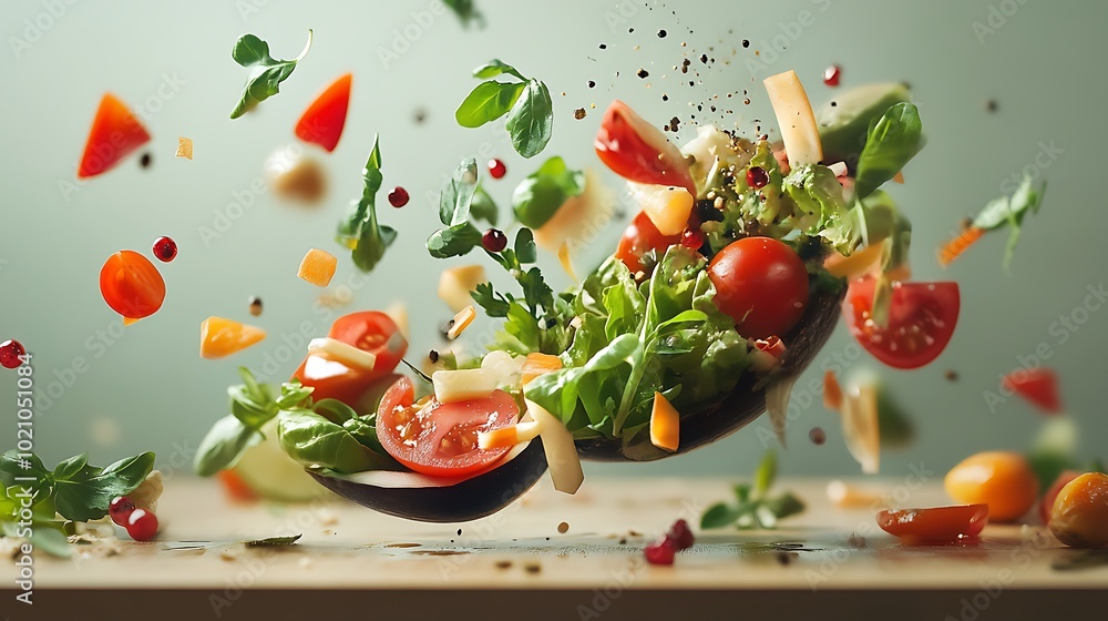 A Levitating Salad Bowl with Fresh Greens and Tomatoes A Levitating Salad Bowl with Fresh Greens and Tomatoes