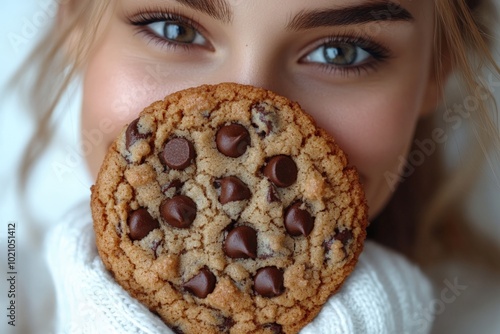 Young woman with delicious chocolate chip cookie, closeup. Healthy snack