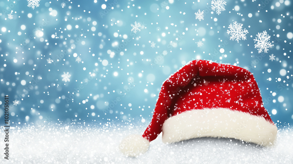Blue background with sparkles and christmas cap with copy space Blue background with sparkles and christmas cap with copy space