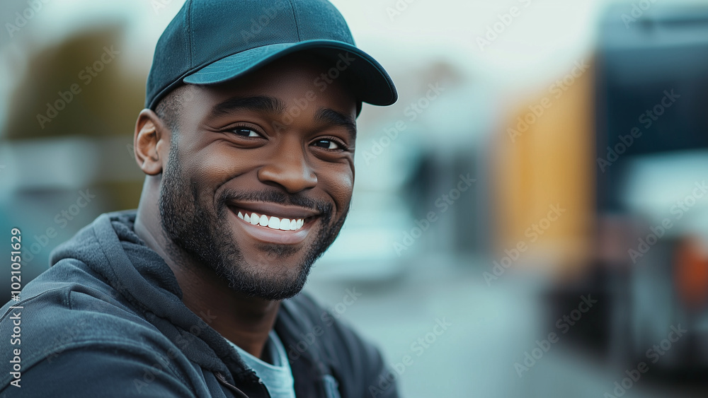 African American Black Man Truck Driver - smiling, man, portrait, happiness, outdoor, cap, casual, cheerful, positive, lifestyle, young adult, African American, confidence, fashion African American Black Man Truck Driver - smiling, man, portrait, happiness, outdoor, cap, casual, cheerful, positive, lifestyle, young adult, African American, confidence, fashion