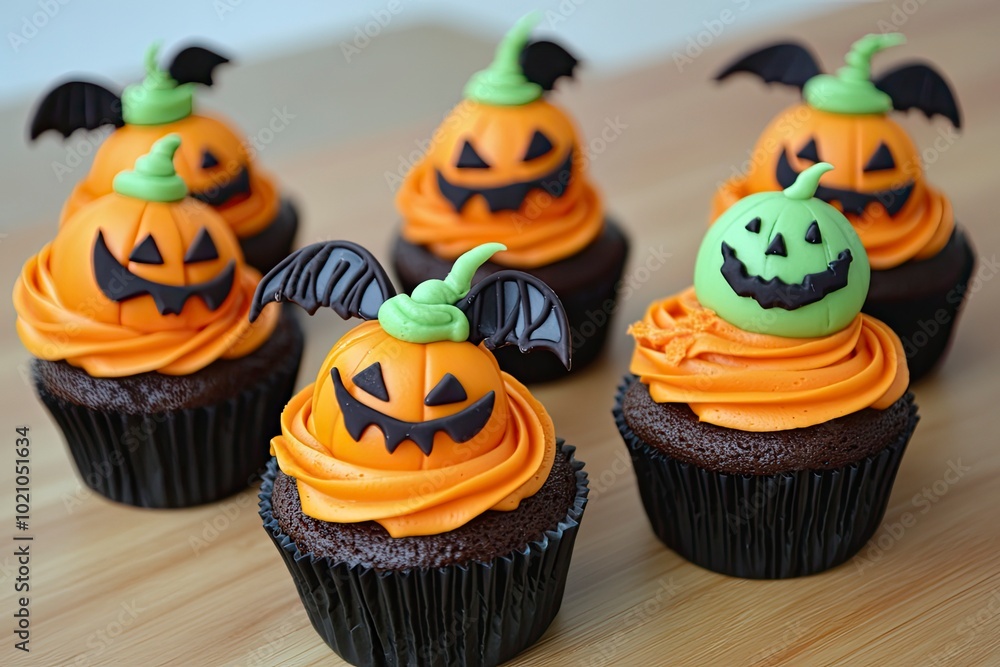 Group of helloween cupcakes on wood table background with generative ai Group of helloween cupcakes on wood table background with generative ai