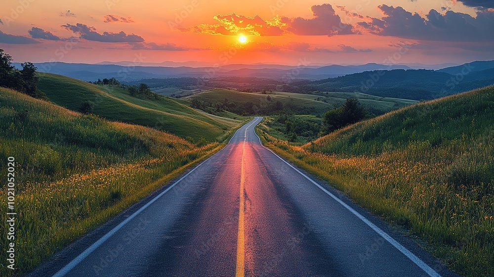 Fototapeta premium Road leading through lush green hills at sunset