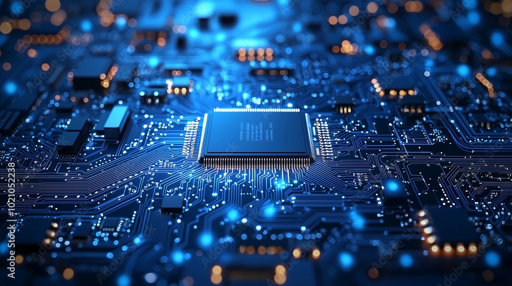 Advanced Technology Microchip with Blue Neon Lights. Generative AI Advanced Technology Microchip with Blue Neon Lights. Generative AI