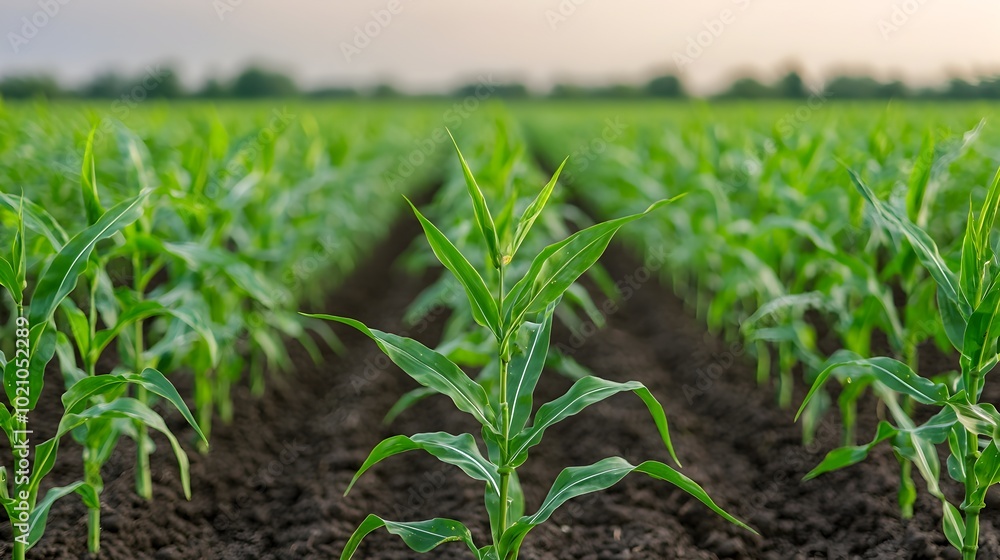 Aerial Drone Perspective of a Vast Cornfield Farm During the Early Stages of Crop Growth and Development in a Scenic Rural Countryside Landscape Aerial Drone Perspective of a Vast Cornfield Farm During the Early Stages of Crop Growth and Development in a Scenic Rural Countryside Landscape