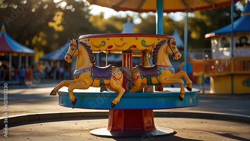 A vibrant merry-go-round sits still in the middle of a playground, its bright colors reflecting the sunlight, ready for the next spin. photo