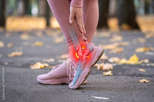 Foto Achilles tendon injury, joint inflammation, foot pain, woman suffering from feet