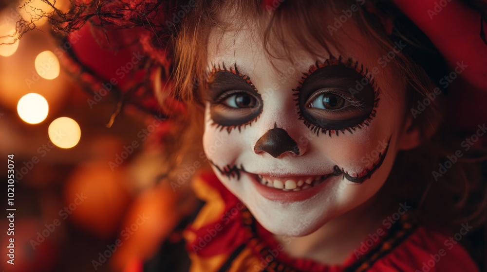 A joyful child dressed in a colorful Halloween costume smiles brightly. Their face is painted like a skull, adding a playful twist to the festive spirit. A joyful child dressed in a colorful Halloween costume smiles brightly. Their face is painted like a skull, adding a playful twist to the festive spirit.