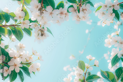 In a tranquil setting, soft white blossoms arch gracefully alongside lush green leaves, creating a peaceful atmosphere under a radiant blue sky, celebrating the beauty of springtime