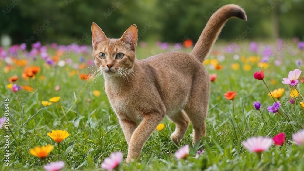 Fototapeta premium Fawn abyssinian cat in flower field