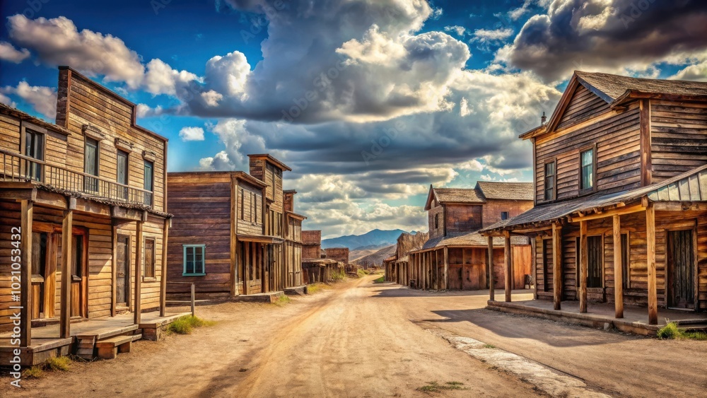 A deserted western town with wooden buildings and a dusty road, under a cloudy sky with streaks of sunlight. A deserted western town with wooden buildings and a dusty road, under a cloudy sky with streaks of sunlight.