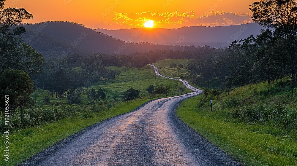 Fototapeta premium Road leading through lush green hills at sunset