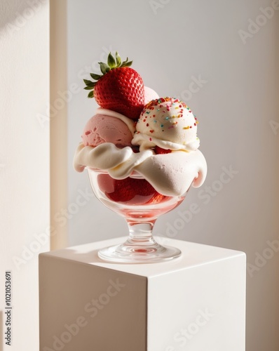 Delicious strawberry ice cream sundae with whipped cream and sprinkles. photo