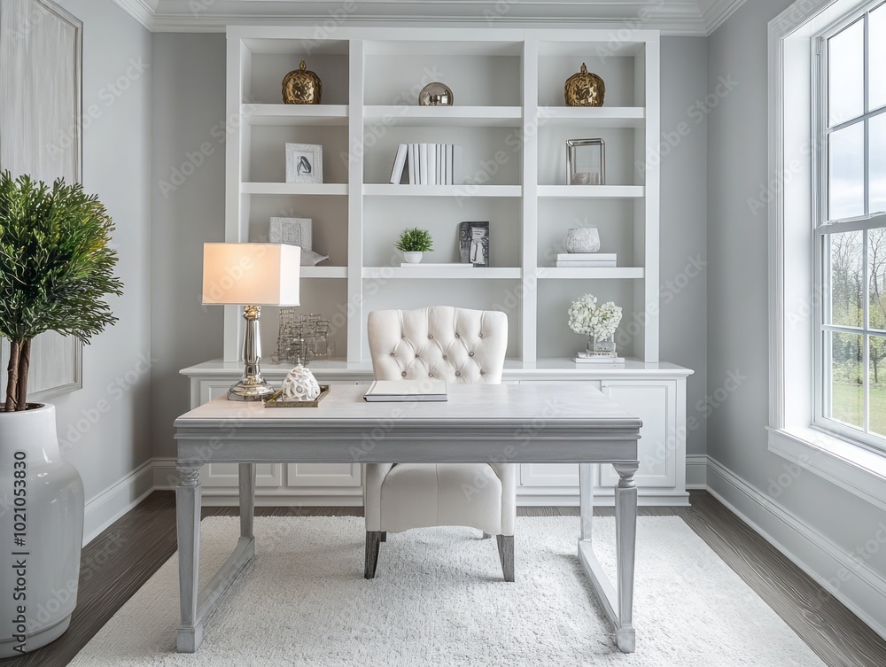 Chic study room with white and gray tones enhanced by metallic accents Chic study room with white and gray tones enhanced by metallic accents
