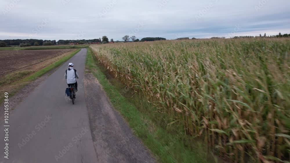 Man rides bicycle to work along scenic country road with cornfields in early morning Man rides bicycle to work along scenic country road with cornfields in early morning