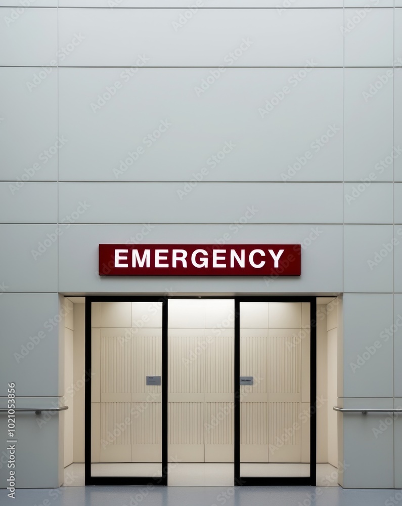 Entrance of the ER or Emergency Room department of an hospital with a red sign written emergency on front of the clinic building. Entrance of the ER or Emergency Room department of an hospital with a red sign written emergency on front of the clinic building.