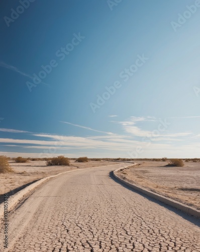 Dusty dirt road winding through a dry landscape under a bright blue sky in the afternoon. photo