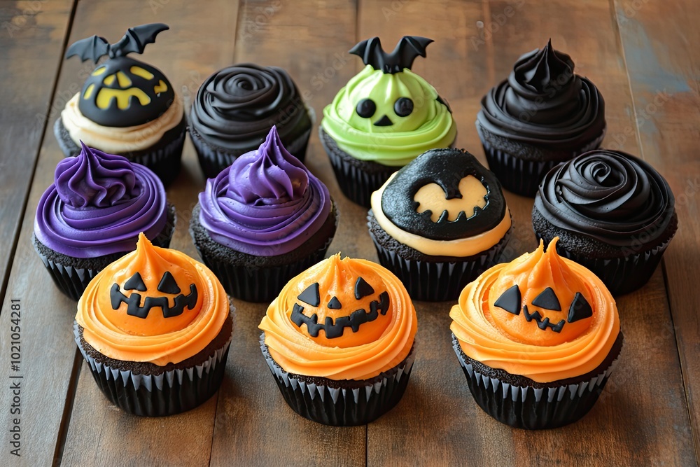 Group of helloween cupcakes on wood table background with generative ai Group of helloween cupcakes on wood table background with generative ai