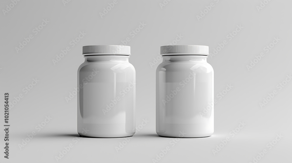 Two white pill bottles with lids on a white background. The bottles are blank, providing space for your design. Two white pill bottles with lids on a white background. The bottles are blank, providing space for your design.