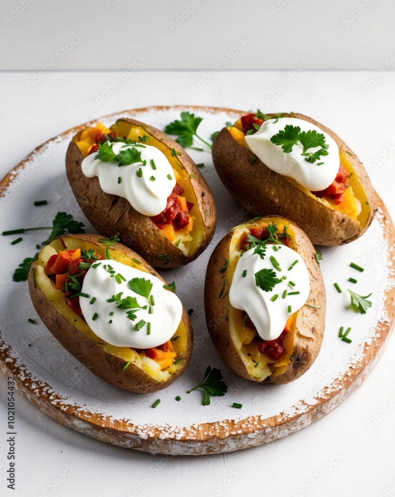 Four Delicious Stuffed Baked Potatoes with Sour Cream and Fresh Herbs on a Wooden Board. Four Delicious Stuffed Baked Potatoes with Sour Cream and Fresh Herbs on a Wooden Board.