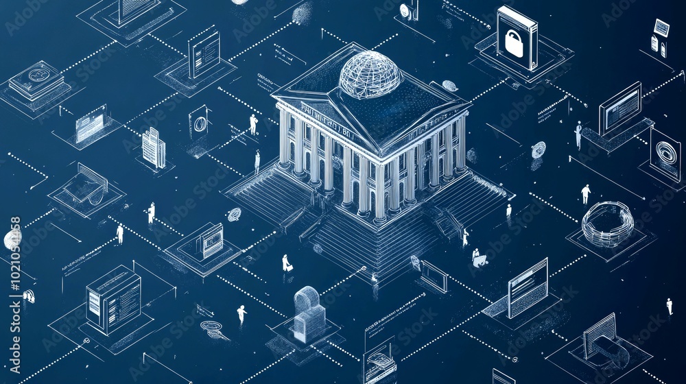 A digital representation of a structured building surrounded by various technology icons. A digital representation of a structured building surrounded by various technology icons.
