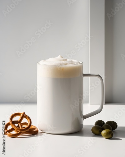 Frothy Beer Mug with Pretzels and Olives. photo