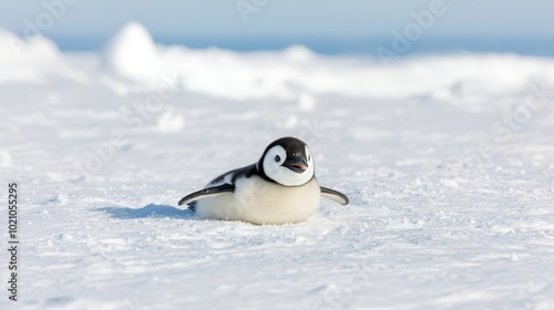 A cute baby penguin sliding on snow against a clear icy background.