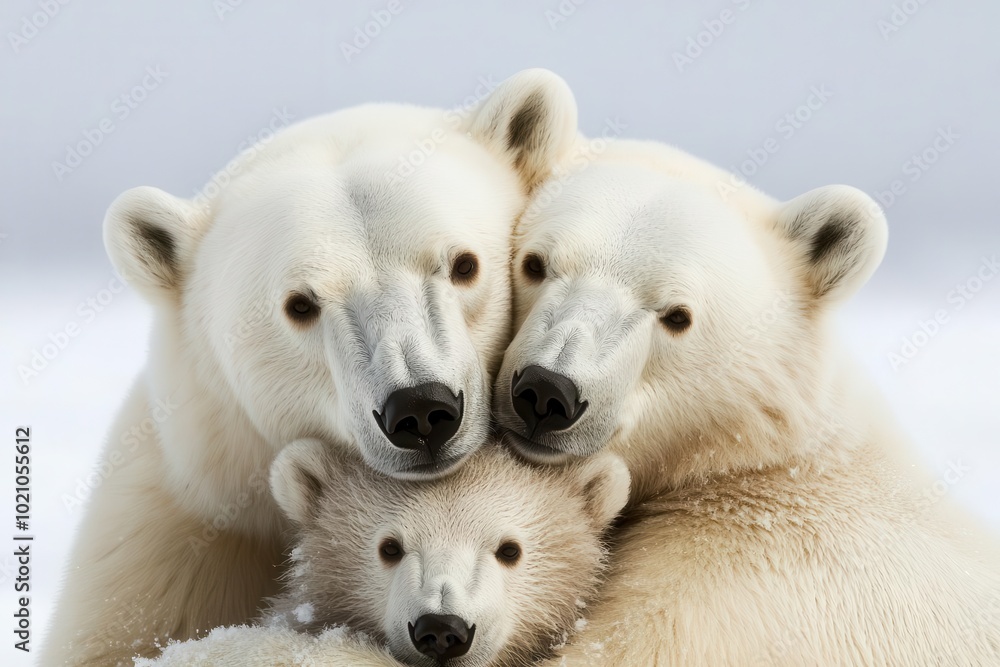 A family of three polar bears embracing together in a snowy landscape. A family of three polar bears embracing together in a snowy landscape.