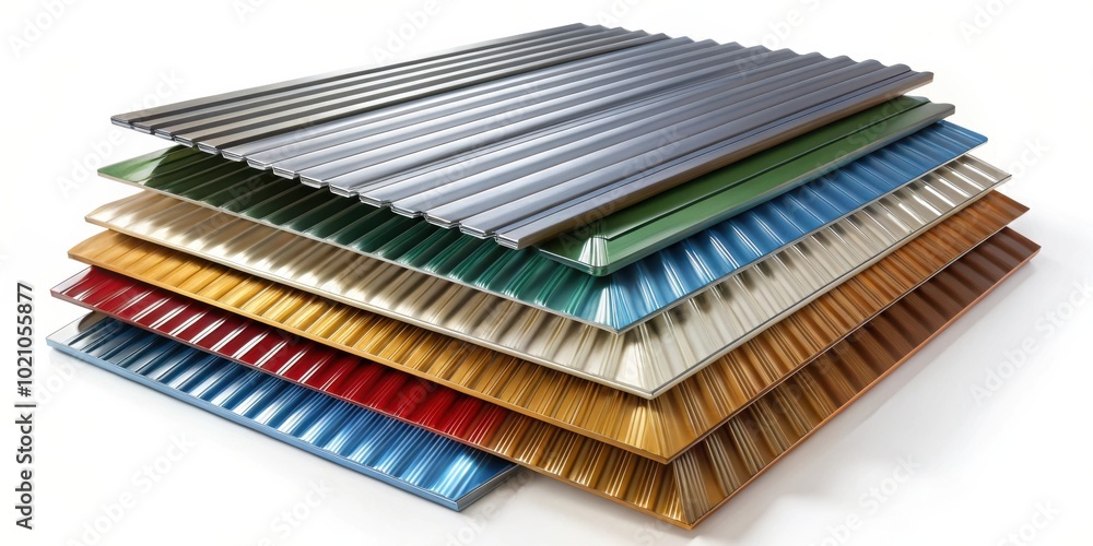 A Stack of Corrugated Metal Sheets in Various Colors and Finishes A Stack of Corrugated Metal Sheets in Various Colors and Finishes
