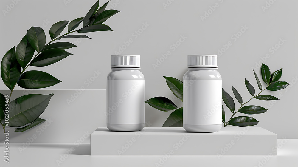 Two white bottles with blank labels on a white platform with greenery in the background. Two white bottles with blank labels on a white platform with greenery in the background.