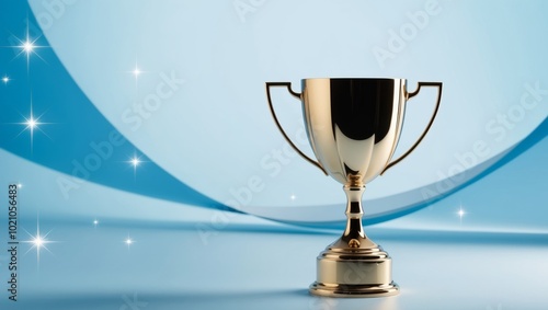 Gold Trophy Cup with Sparkling Stars on Blue Background. photo